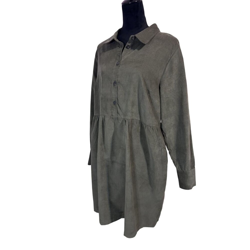 Nine West Empire Waist Olive Green Corduroy Babydoll Shirt Dress - Picture 8 of 14